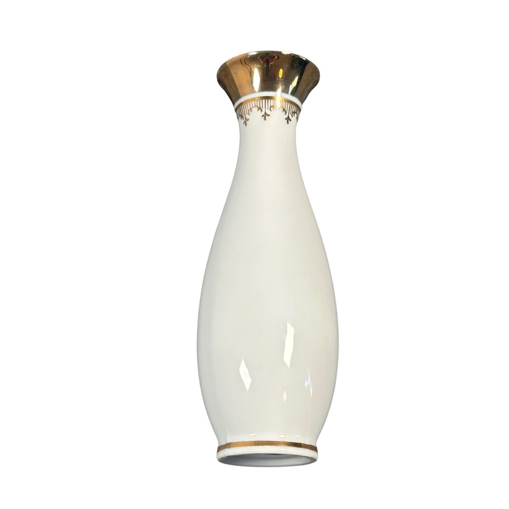 Vintage White Porcelain Bud Vase Gold Trim Made in Japan 7 Inch Tapered Vase